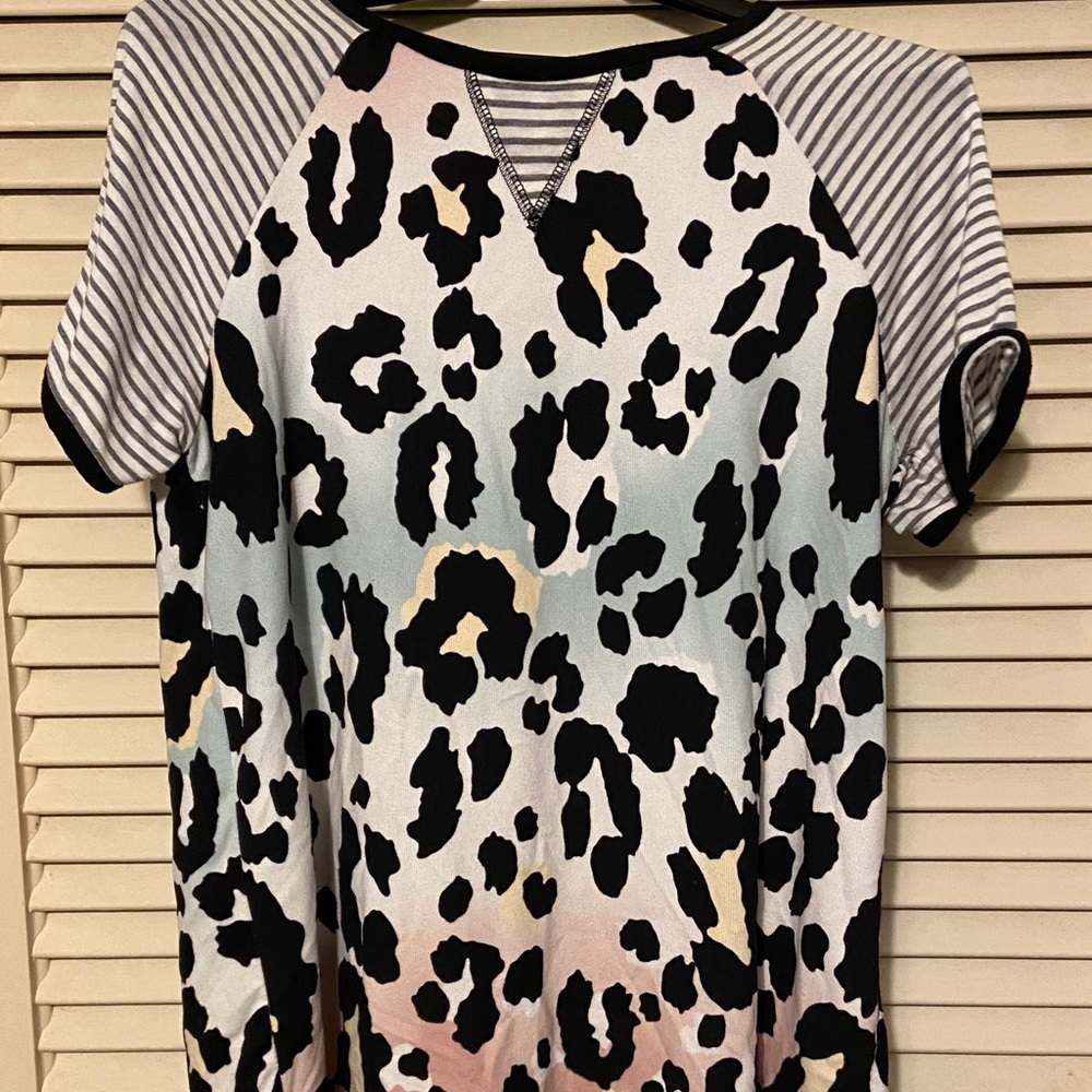 Leopard print and stripes! Oh My! Rainbow tee, L